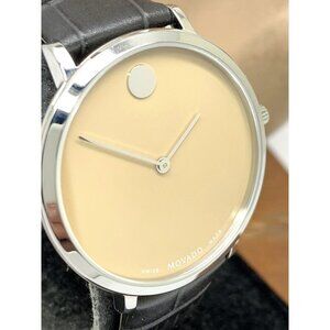 Movado Womens Watch 0607343 Swiss Quartz Ultra Slim Beige Dial Gray Leather Band